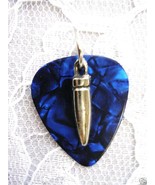 NEW DARK BLUE GUITAR PICK &amp; 3D SMALL SOLID PEWTER BULLET CHARM PENDANT N... - £3.92 GBP