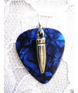 NEW DARK BLUE GUITAR PICK &amp; 3D SMALL SOLID PEWTER BULLET CHARM PENDANT N... - £3.85 GBP