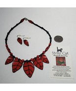 Artisan Polymer Red Leaf Necklace Earrings Set Stray Cat Mindy Jackson-J... - $69.95