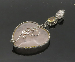 925 Silver - Vintage Rose Quartz Heart &amp; Citrine Floral Vine Pendant - PT16762 - £66.65 GBP