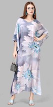 Indian Printed Feather Silk Grey Blue Maxi Kaftan Dress Women Nightwear - £22.64 GBP