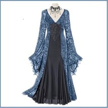  Renassiance Blue Sheer Layered Lace Brocade Long Sleeves Giornea Overdr... - $116.95