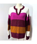 St John&#39;s Bay Sweater Cable Knit Size Large V-Neck Tunic Color Block Cotton - $19.35