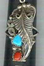 Free-form Turquoise and Coral Cabochons Set in Sterling Silver Size 7 1/2 Ring - £71.17 GBP