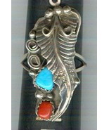 Free-form Turquoise and Coral Cabochons Set in Sterling Silver Size 7 1/... - €77,62 EUR