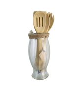Upcycled Ribbed 9.5&quot; Glass Vase with New Bamboo Wood Cooking Utensils Fa... - $25.00