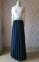Navy Bridesmaid Sets Dress Full Chiffon Skirt Hollow Long Sleeve Crop Lace Top image 3