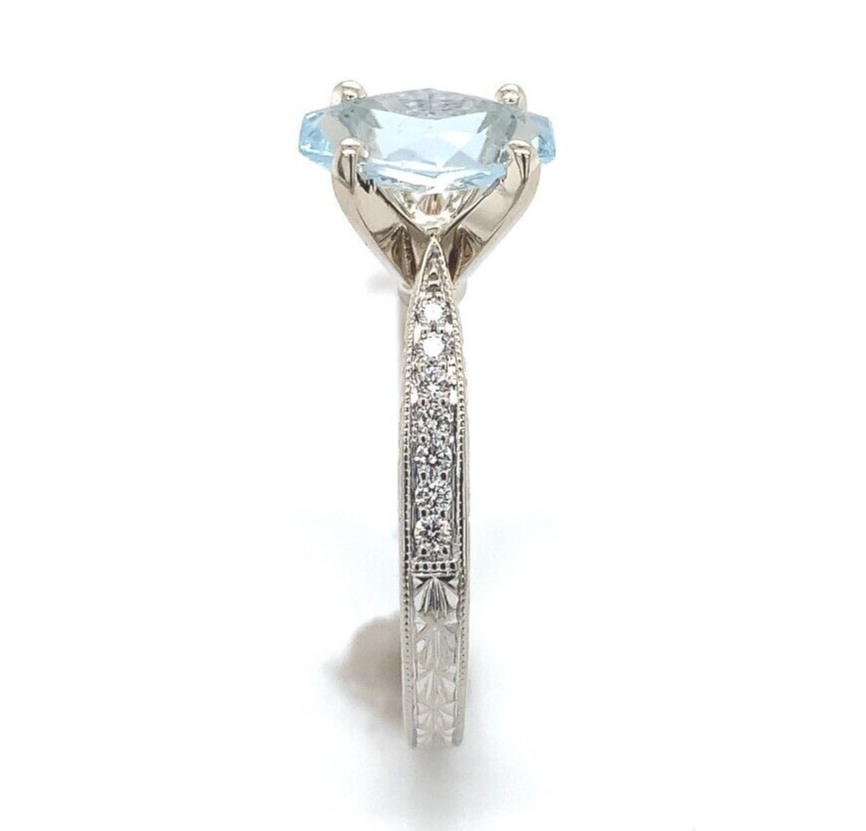 14k Gold Ring w/ Specialty Cut Genuine Natural Aquamarine Hand Engraved (#J6547) Item image 2