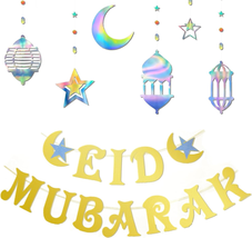 Eid Mubarak Banners and Iridescent Star Moon Lantern Ramadan Garland 2024 Eid De - £10.05 GBP
