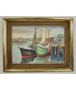 Hans Josef Zimmer Seascape Oil Painting Boats Dock 1940s Masonite Board ... - $1,624.43 CAD