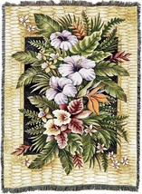 72x54 TROPICAL FLOWERS Floral Hibiscus Fern Rattan Afghan Throw Blanket - £49.72 GBP