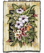 72x54 TROPICAL FLOWERS Floral Hibiscus Fern Rattan Afghan Throw Blanket - £49.61 GBP