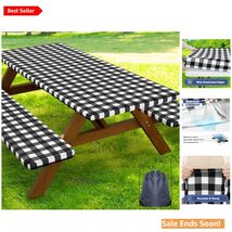 Elegant Waterproof Picnic Table Cover with Bench Covers - Black &amp; White ... - $41.53
