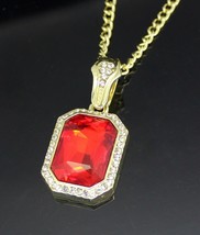Red Large Rhinestone Pendant 20&quot; Rope Chain Necklace 14k Gold Plated - £7.54 GBP