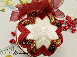 Red white Quilted Christmas tree ornament xmas handmade bauble gift deco... - £16.24 GBP