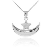 CZ Crescent Moon and Star Islamic Pendant Necklace Sterling Silver 16&quot;-22&quot; - £25.33 GBP+