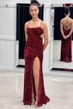 Burgundy Mermaid Sequin Long Prom Dresses with Slit,Red Sequin Bodycon Dress - £114.12 GBP