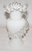 ANT./VINTAGE Rare White Opaque+Clear Glass Ruffle Edged Vase+Applied Glass Leaf - £22.57 GBP