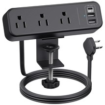 3 Outlet Desk Clamp Power Strip With Usb C, Black Flat Plug Desktop Edge... - $47.99