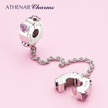 Authentic 925 Sterling Silver Pink CZ Love Hearts Dangle Safety Chain Charm Fit  - £37.49 GBP
