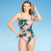 Kona Sol Women&#39;s Teal Floral Side-Tie Medium Coverage One Piece Swimsuit-NWT-M - £11.16 GBP