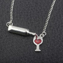 Love Wine Bottle &amp; Glass Pendant Necklace in Silver - £14.79 GBP