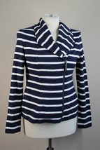 Talbots S Navy Blue White Stripe Asymmetrical Zip Cotton Blazer Jacket - $29.45