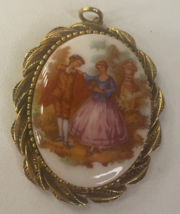 Vintage Fragonard Courting Couple Porcelain Pendant Gold Tone Victorian - £11.61 GBP