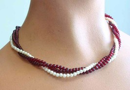 Elegant Faux Pearl &amp; Burgundy Red 3-strand Twist Necklace 1980s vintage 18&quot; - $12.30