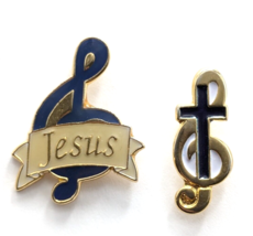 Cross &amp; Jesus Treble Clef Music Note Enamel Pin Lot Of 2 Christian Religious VTG - £12.04 GBP