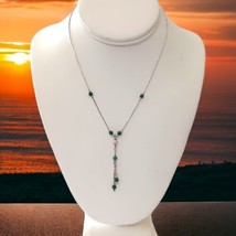 Vintage Liquid Silver Necklace Sterling Lariat Y Drop Green Stone Beads Western - £35.59 GBP
