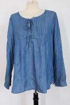 Talbots L Blue Chambray Lace-Front Pintuck Pleat Long Sleeve Tencel Lyocell Top - £22.57 GBP
