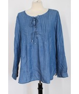 Talbots L Blue Chambray Lace-Front Pintuck Pleat Long Sleeve Tencel Lyocell Top - $28.49
