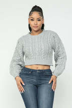 Heather Grey Cropped Long Sleeve Cable Pullover Sweater Top - £19.65 GBP