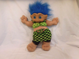 Troll Ace 14&quot; Treasure Troll Doll Plush Rare Blue Hair Belly Jewel Green outfit - £10.92 GBP