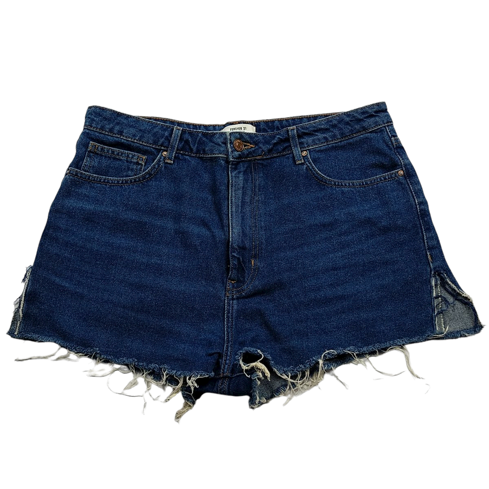 Forever 21 Womens Denim Booty Shorts Size 30 Solid Blue Pockets Frayed Hem - $15.25