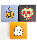 Happy Halloween Wood Decorations Lot Of 3 Pumpkin Ghost Skull 3.5&quot; x 3.5... - $27.15 CAD