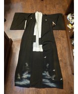 CL-KIM-2) Pre WWII vintage long black off white Kimono L/XL white tree d... - $2,926.30 MXN