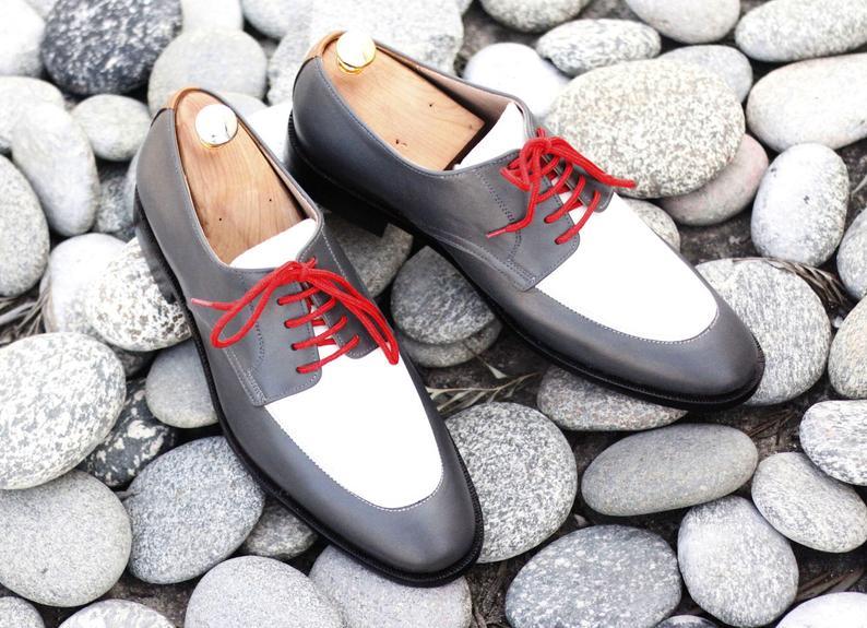 Handmade Men's White Gray Leather Lace Up Shoes, Men Dress Formal Shoes