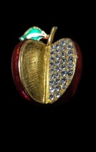 Beautiful Candy Apple Red Enamel &amp; Rhinestones Apple Brooch Gold Green S... - $18.00