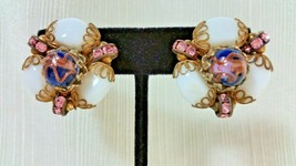 Vintage HOBE Gold Tone Clip On Earrings White Glass Pink Rhinestones Murano Bead - £71.76 GBP