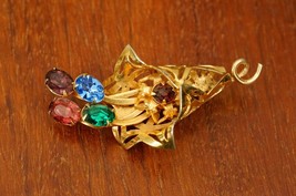 Vintage Costume Jewelry Multicolor Rhinestone Bouquet Gold Tone Brooch Pin - £15.77 GBP