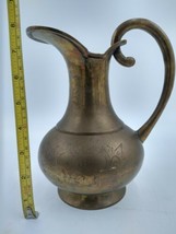 VTG Solid Brass Pitcher 8&quot; MCM Jug Vessel Ewer Carafe Etched Design - £23.53 GBP