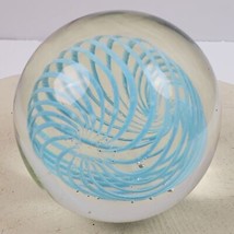 Vintage Murano Style Glass Paperweight Clear w/ Baby Blue Swirls 4 Inch - $26.18