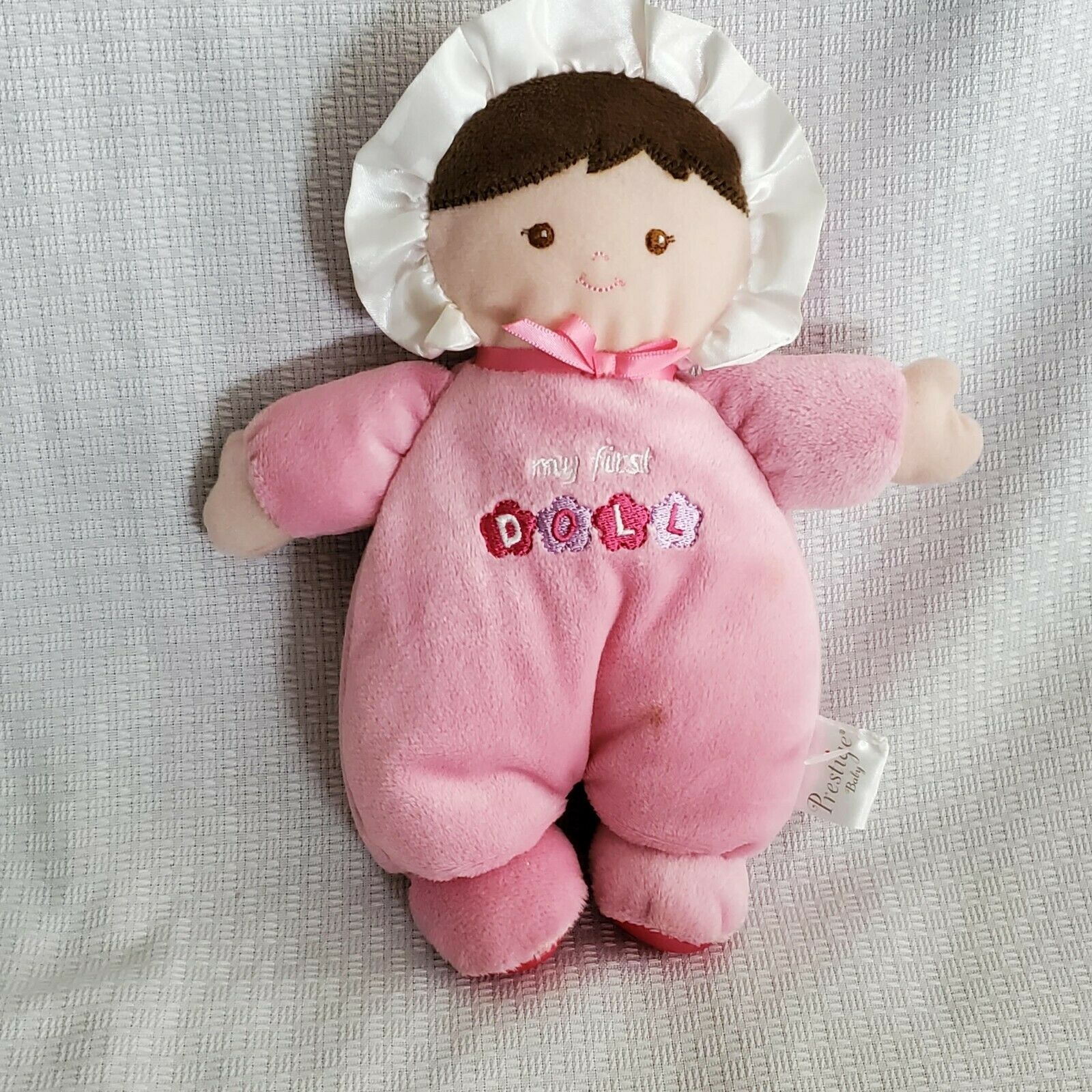 Prestige My First Doll Rattle Plush Pink Brown Hair Baby Toy Girls 9" Flowers  - $49.49