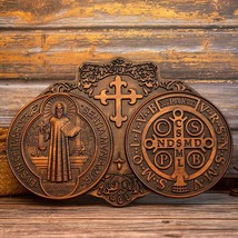Saint Benedict Exorcism Medal Solid Wood Carving Christian Home Decor - £55.33 GBP+