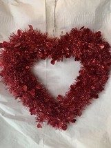 Valentine&#39;s Day Red Tinsel Heart Shaped Wreath Wall Decoration Hanging 15 Inch - £9.54 GBP