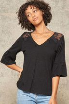 Black Floral Lace Shoulder 3/4 ruffle sleeves Knit Top_ - £15.05 GBP