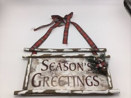 Christmas Sign Season&#39;s Greetings Hanging Wall  Rustic White Pine Cone Plaid NWT - £11.81 GBP