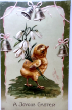 Easter Postcard Joyous Baby Chick Bells Flowers EAS Germany Embossed Vintage - £3.02 GBP